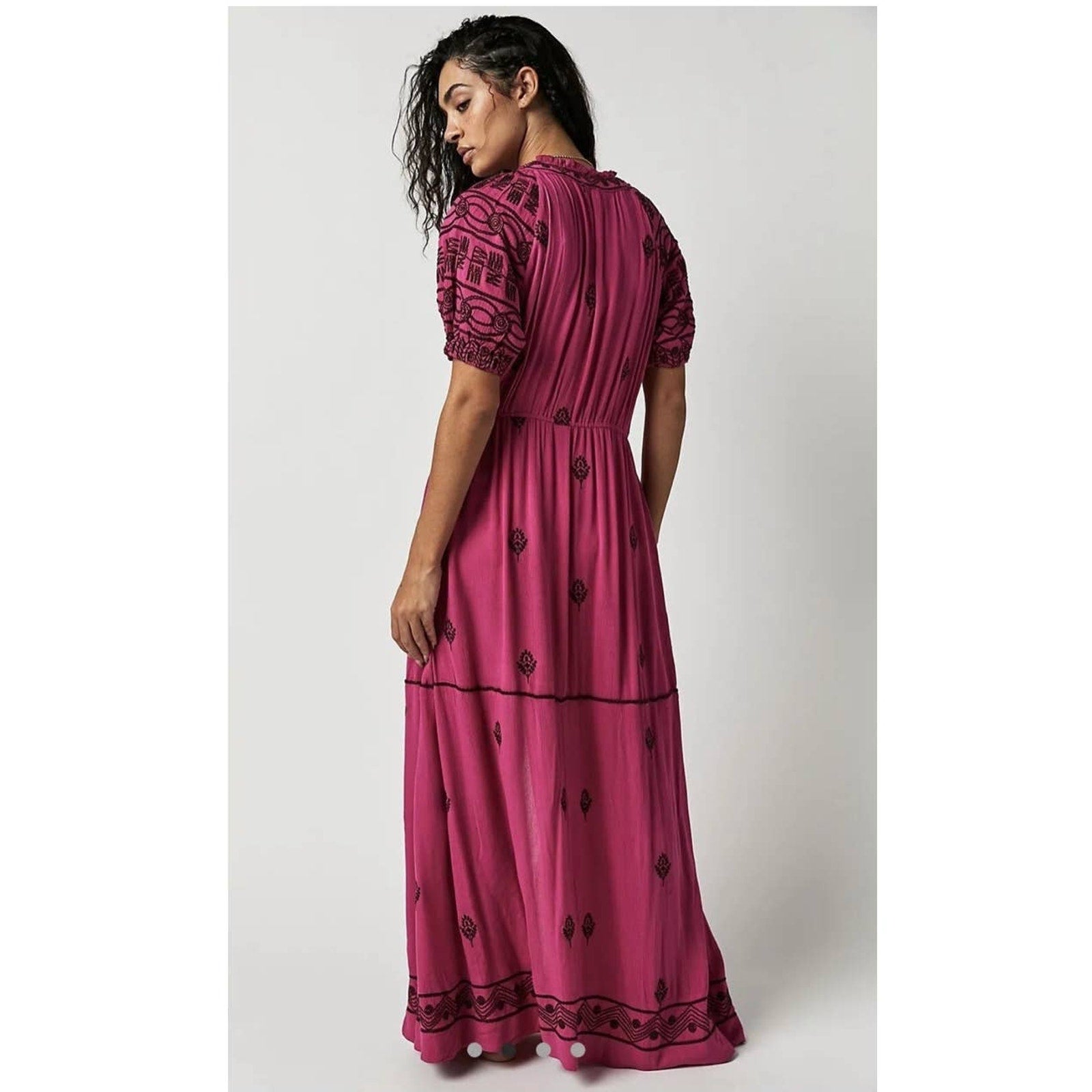New Free People Riley Embroidered Boho Midi Dress $188 X-SMALL Button Front