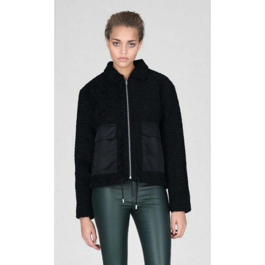New Dr Denim Emlin Box Crop Faux Shearling Jacket Black Boucle $220 SMALL Chic