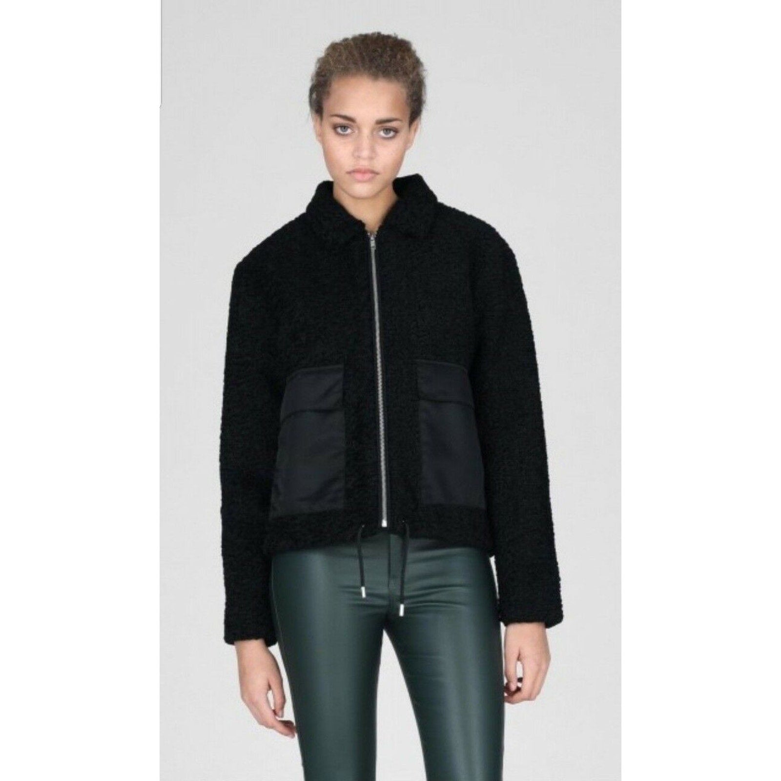 New Dr Denim Emlin Box Crop Faux Shearling Jacket Black Boucle $220 SMALL Chic