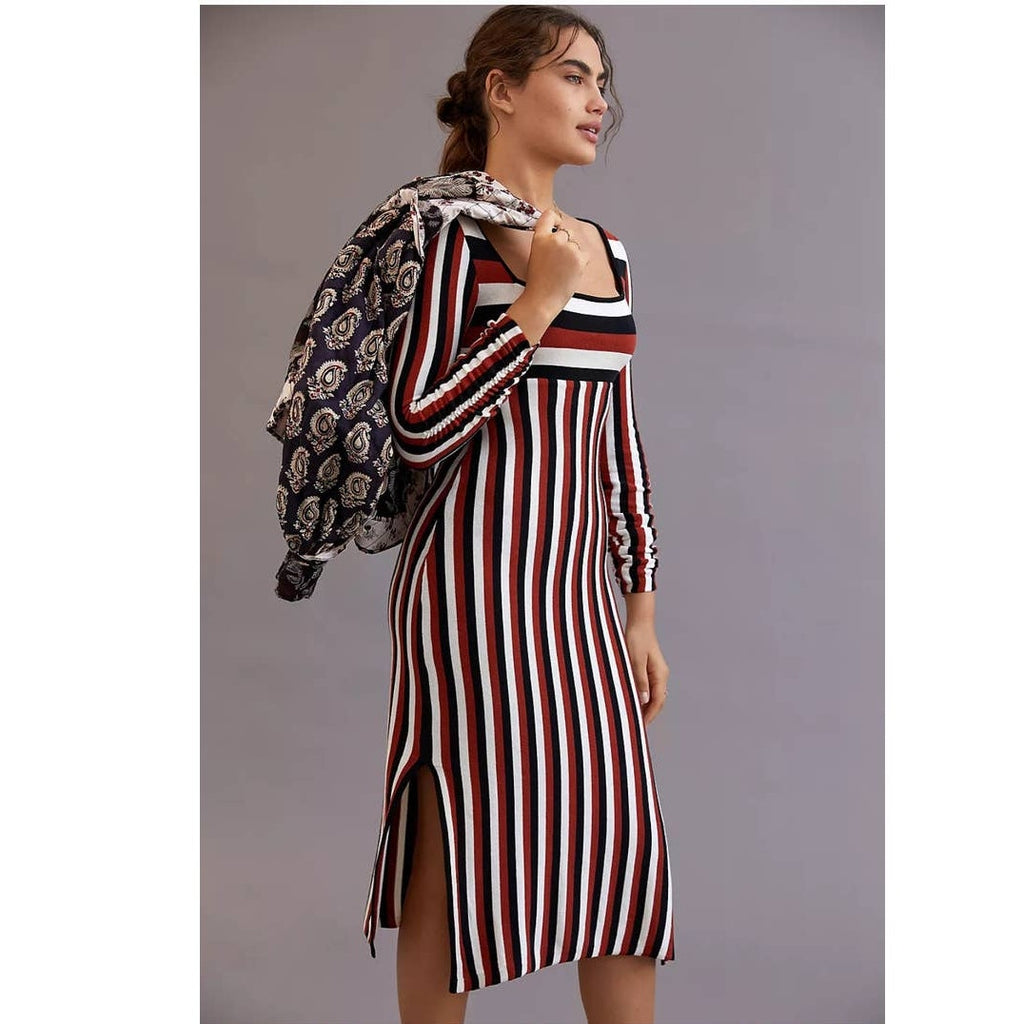 New Anthropologie Maeve Striped Sweater Midi Dress $148 X-SMALL Brown Motif