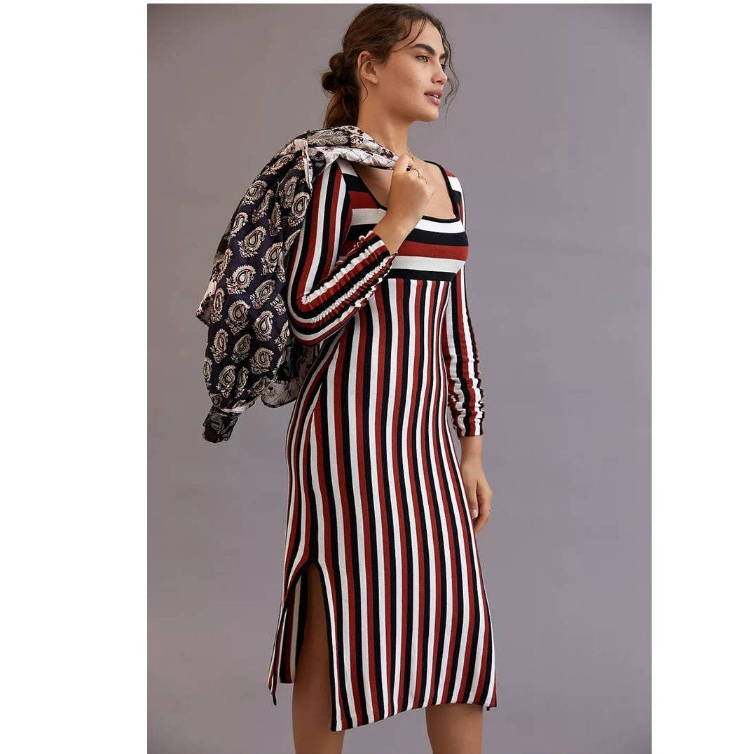 New Anthropologie Maeve Striped Sweater Midi Dress $148 X-SMALL Brown Motif