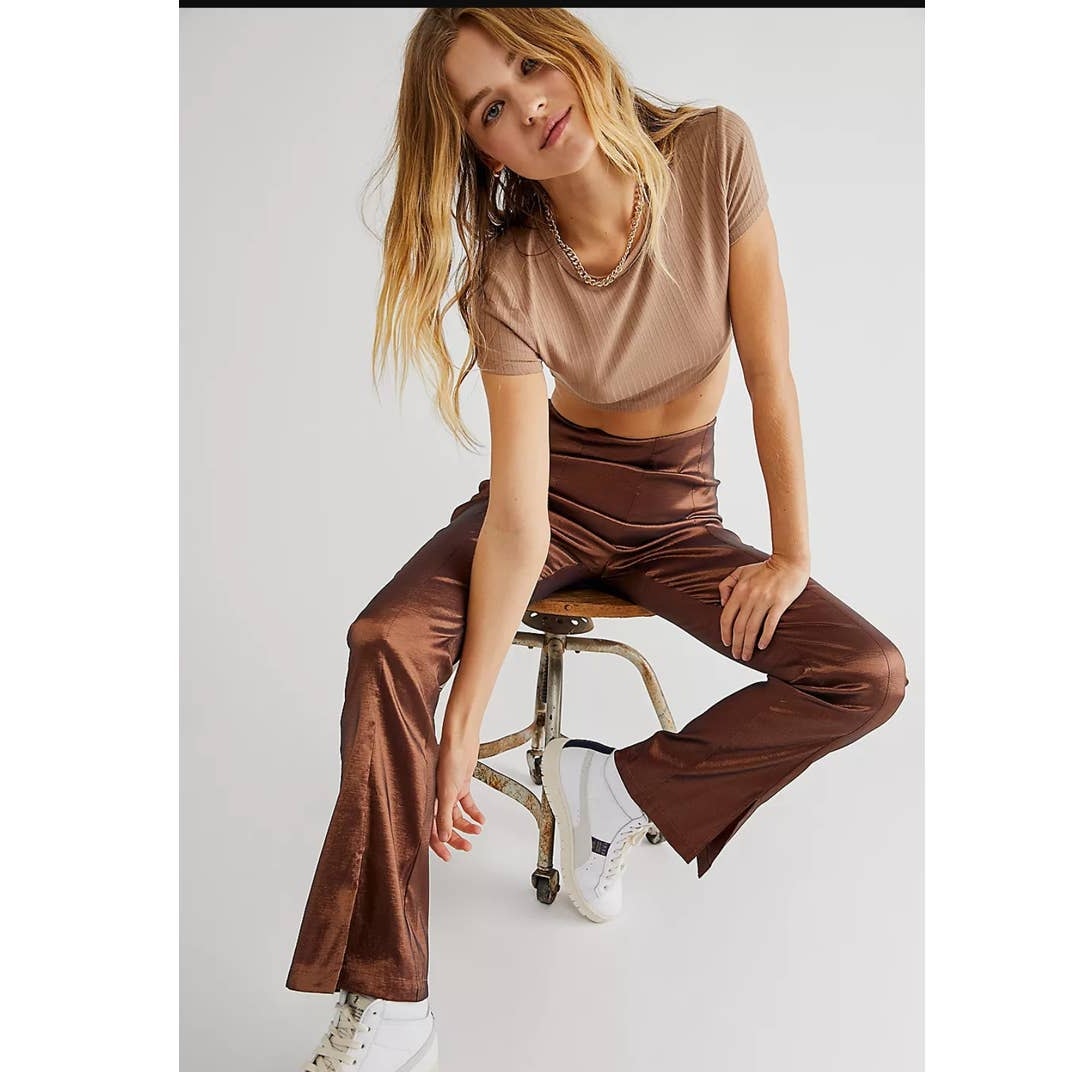 New Free People x Hosbjerg Elora Flare Pants $168 EU MEDIUM/US 6 Metallic Walnut