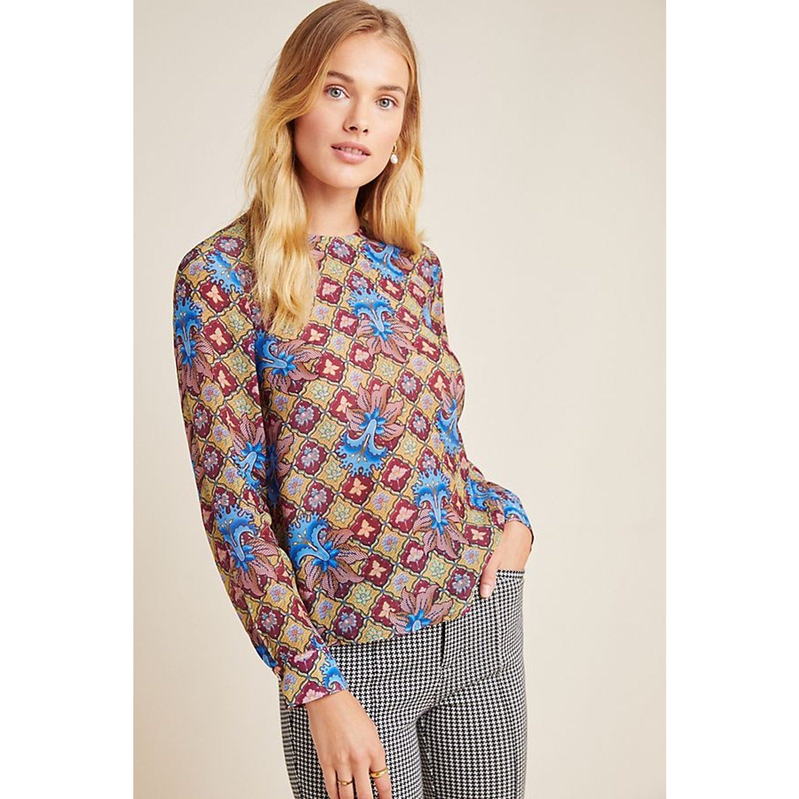New Anthropologie Selene Geometric Long-Sleeve Blouse by TANVI KEDIA  Sz 2 Geo