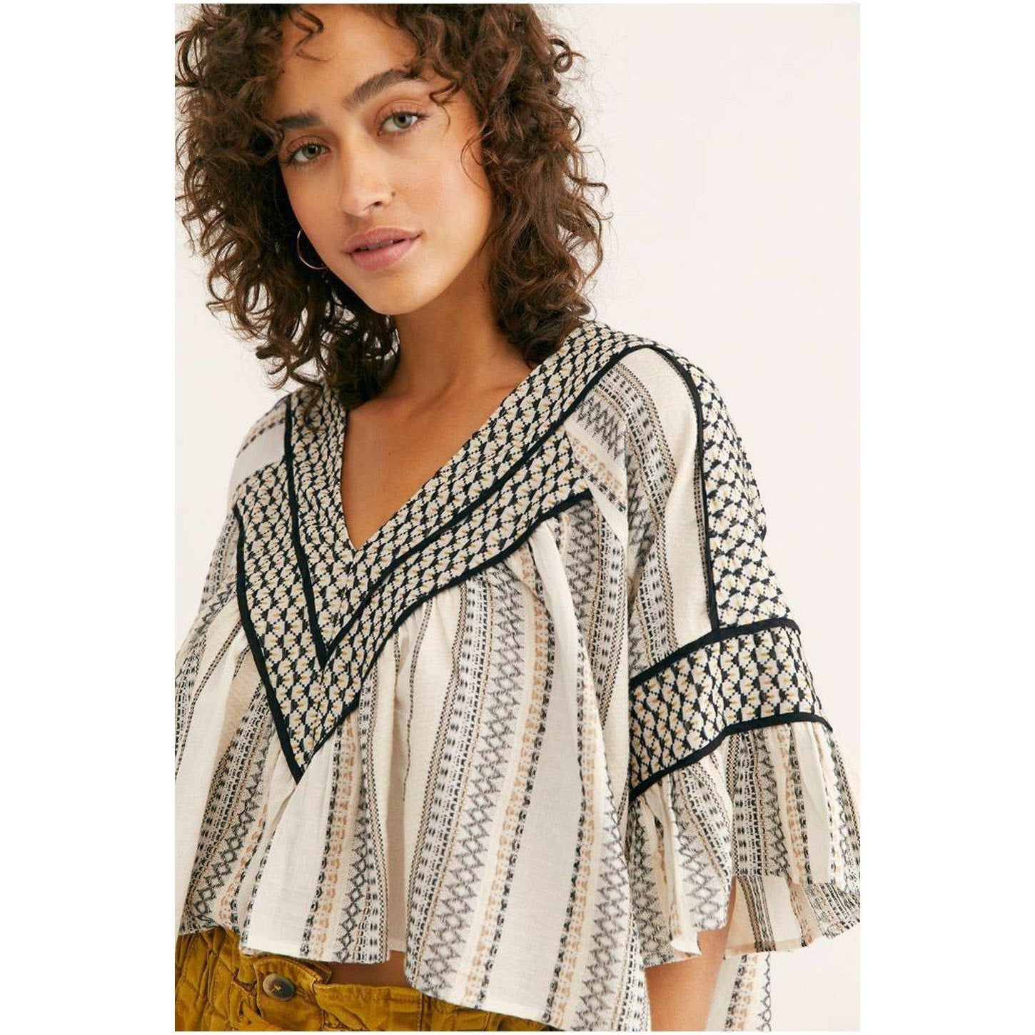 New Free People Runnin On A Dream Striped Embroidered Crop Top $128 SMALL V-neck