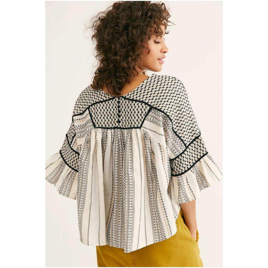 New Free People Runnin On A Dream Striped Embroidered Crop Top $128 SMALL V-neck