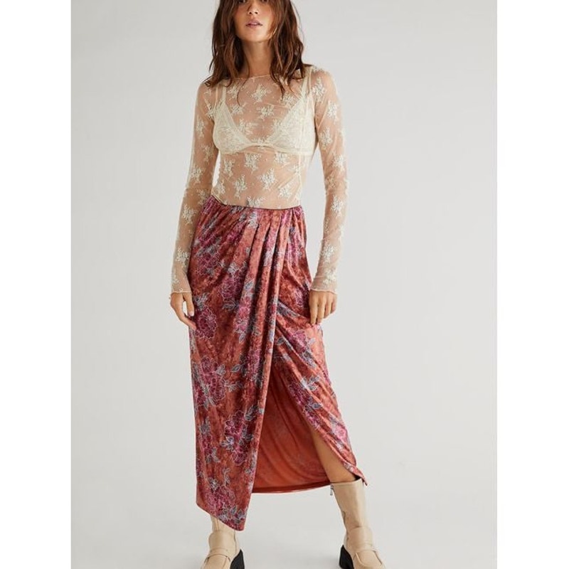 New Free People Poets Velvet Sarong Floral Midi Skirt $128 SMALL Rust