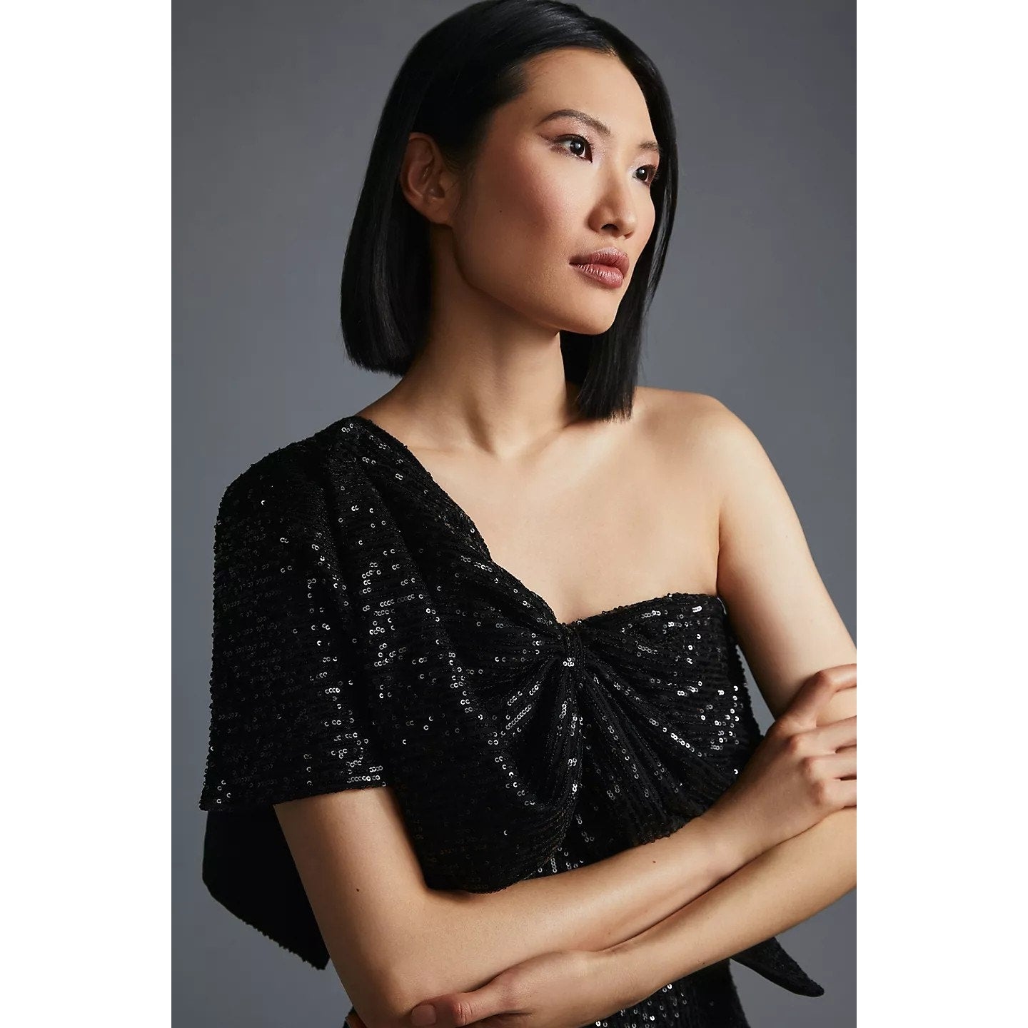 Anthropologie Let Me Be One-Shoulder Mini Dress SEQUINED $180 X-SMALL Black