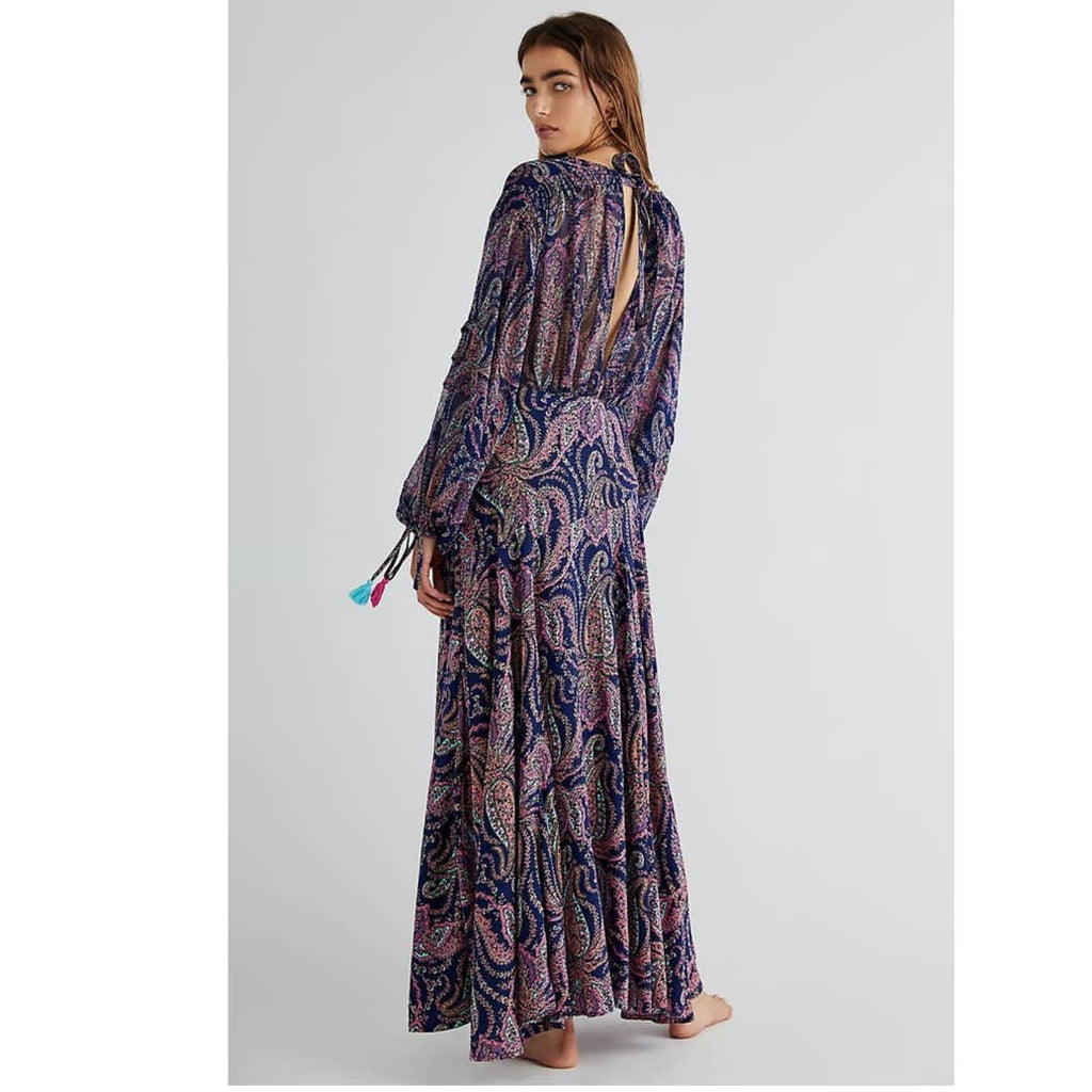 New Free People Mirage Boho Paisley Maxi Dress $198 Size 0 Long Sleeve
