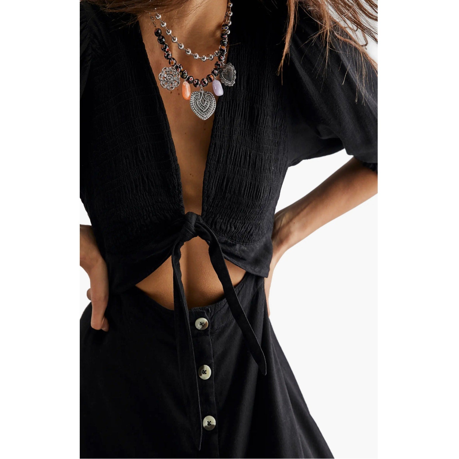 New Free People FP String Of Hearts Maxi Dress $168 XS Black Tie Button Front