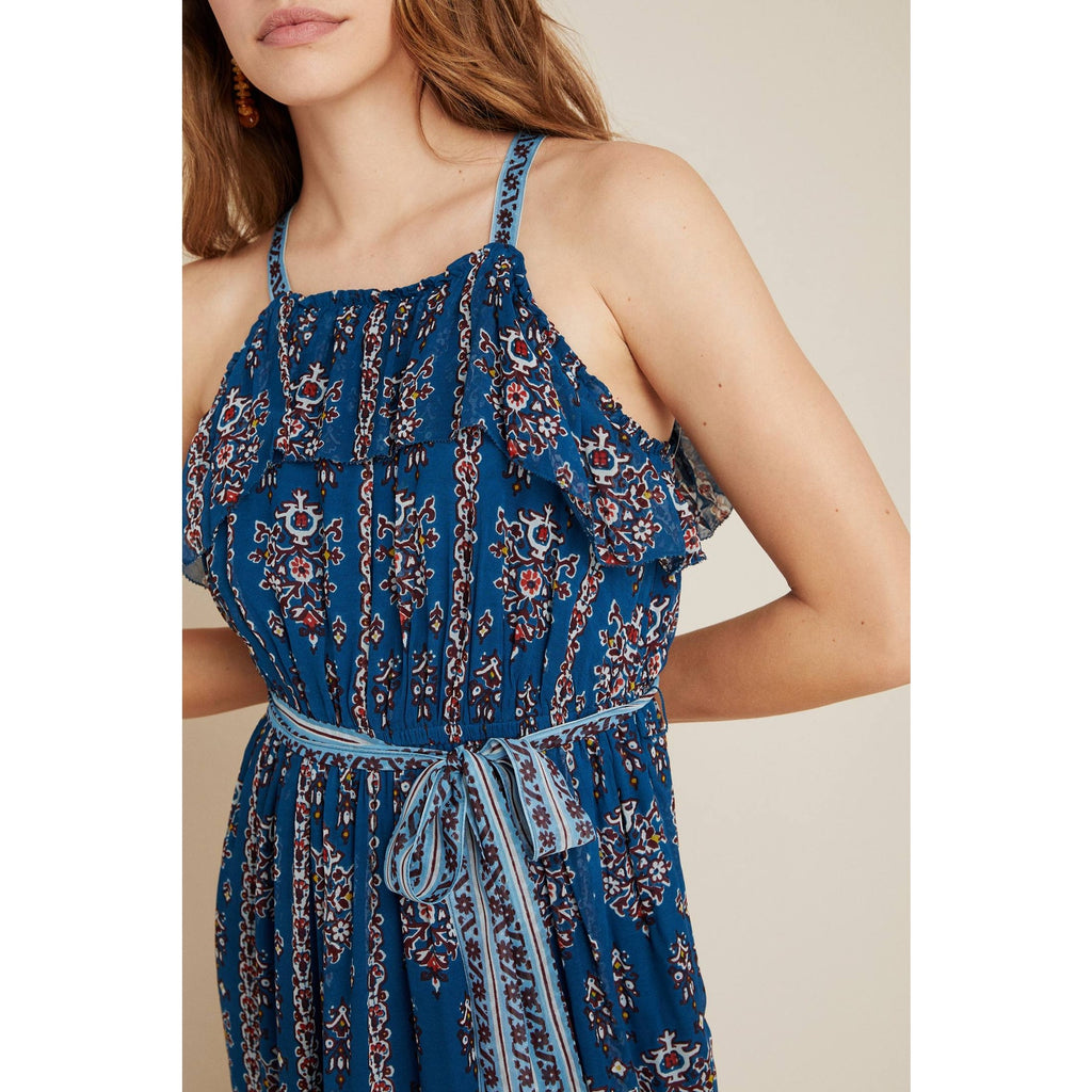 New Anthropologie Sasha Ruffled Tiered Maxi Dress $198 SMALL Blue Boho