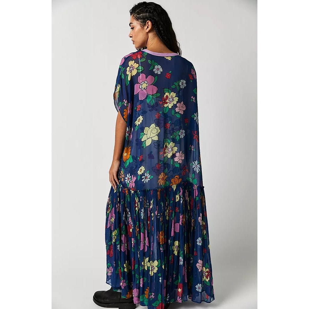 New Free People Mina Retro Floral Maxi Dress Chiffon $298 X-SMALL Blue Mini Slip