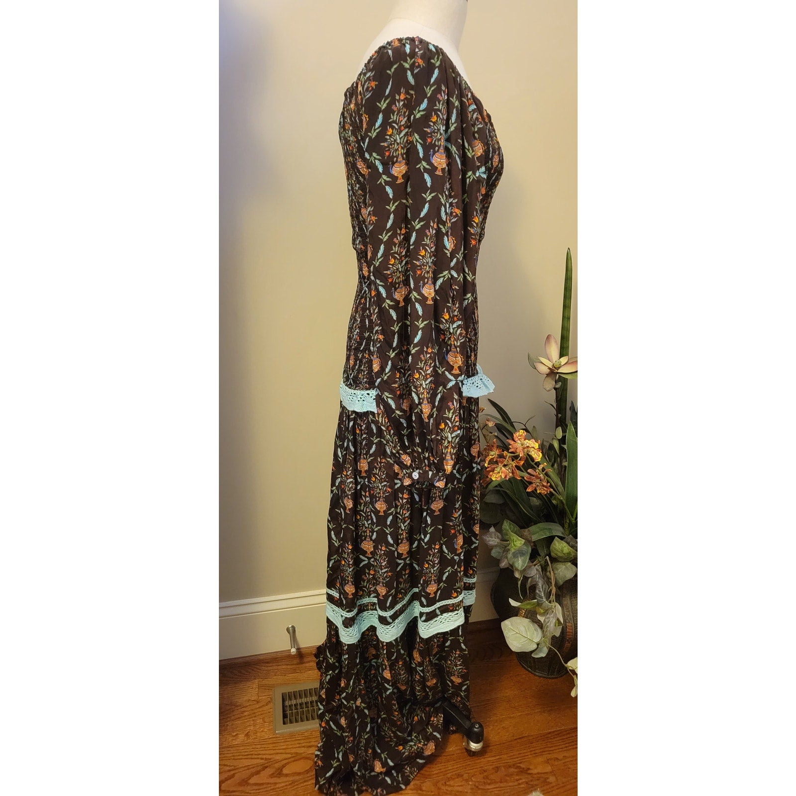 New Verandah Smocked Tiered Maxi Dress SQUARE-NECK  $595 SMALL (4) Brown Motif
