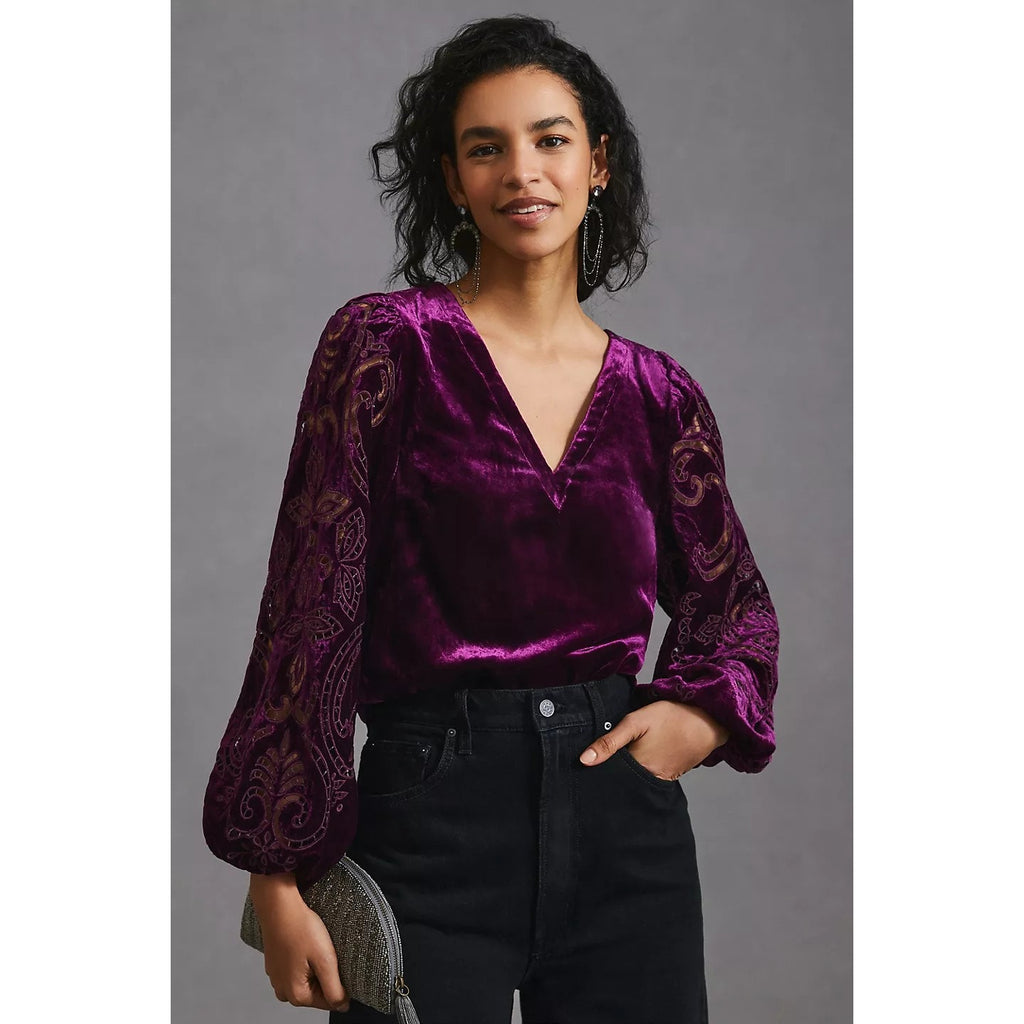 New By Anthropologie Velvet Cutwork Long Sleeve Top $168 X-SMALL Plum