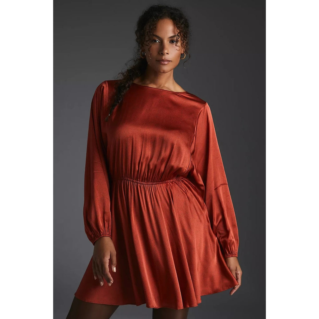 New Anthropologie Caballero Long-Sleeve Mini Dress $180 X-SMALL Red Motif