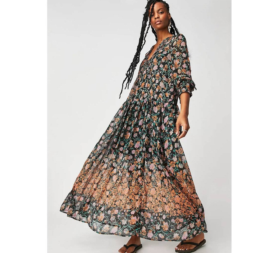 Free People See It Through Maxi Dress X-SMALL Black Floral Boho Free People