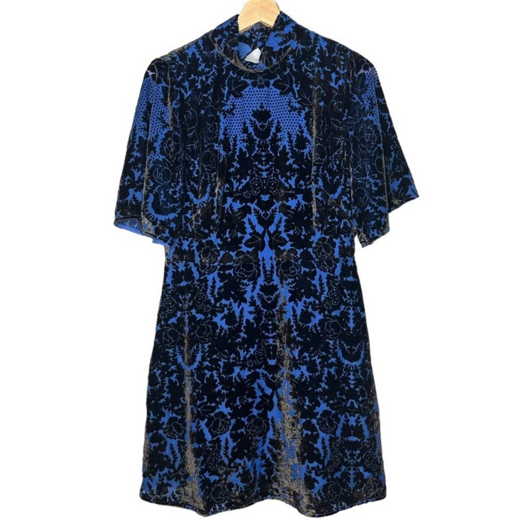 New Anthropologie Mock-Neck Velvet Mini Dress $180 SIZE 6P Petite Blue/Black