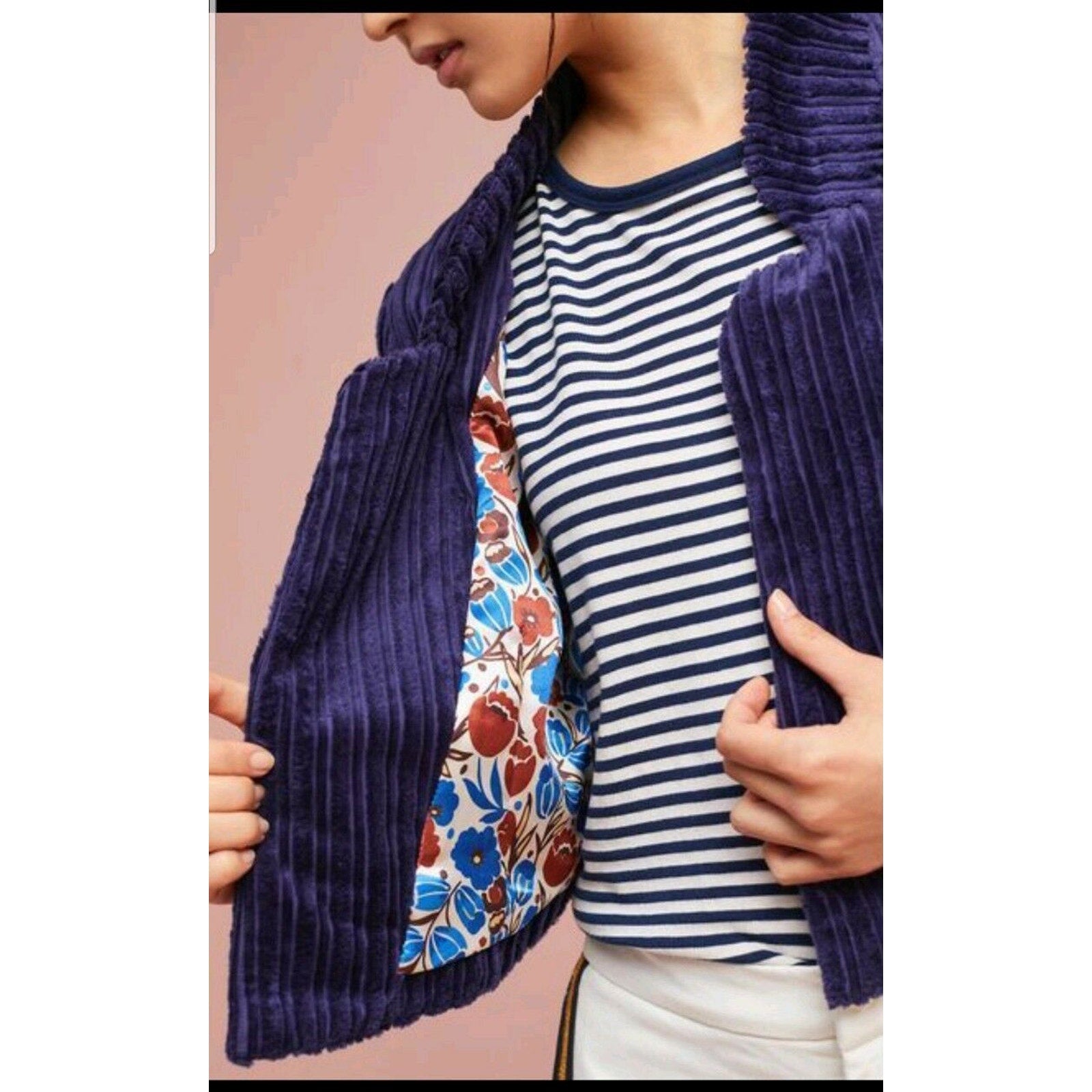 New Anthropologie Cropped Corduroy Blazer by Cartonnier Size 6 Blue