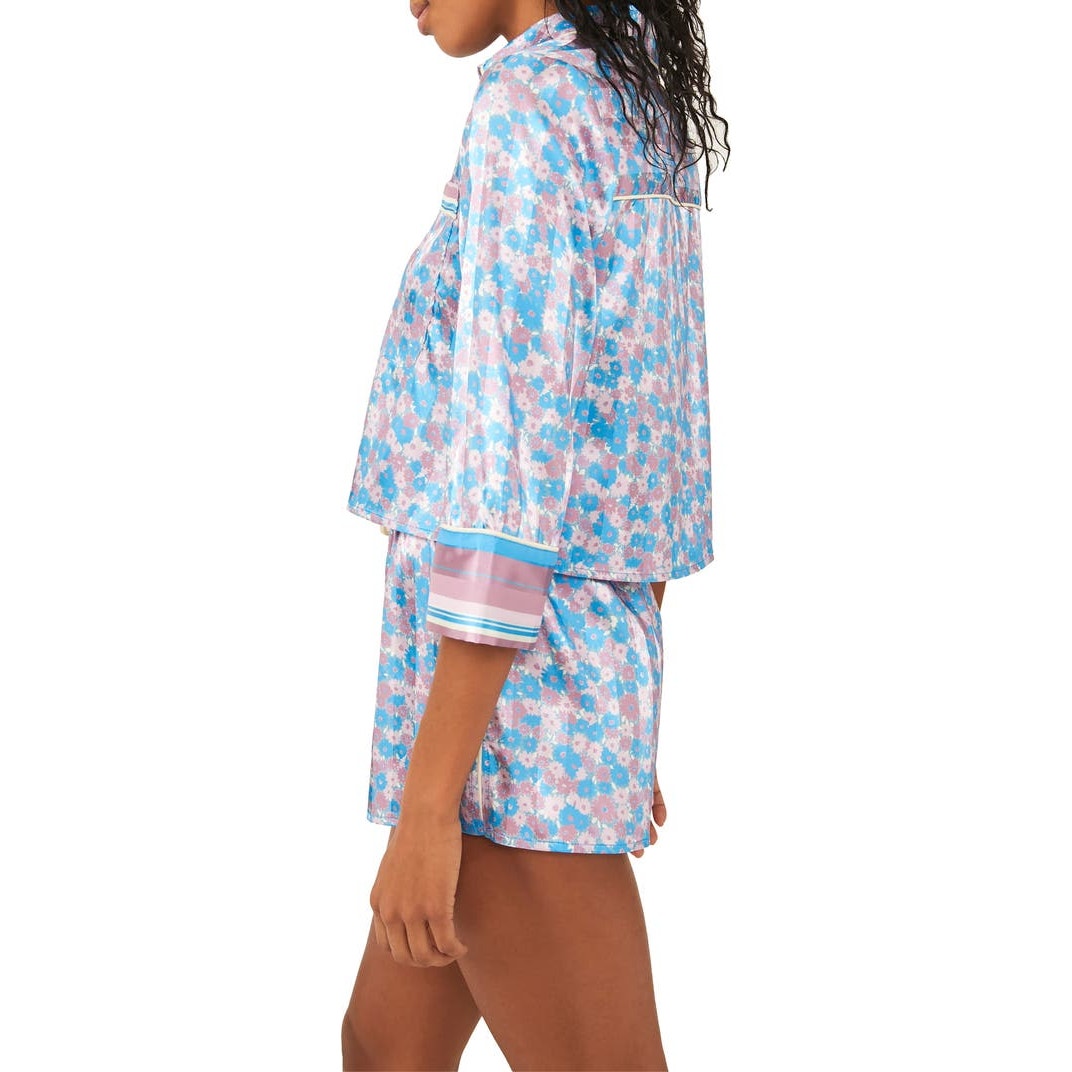 New Free People Pillow Talk Floral PJ Set $88 XS Button-up Crop Shirt Shorts