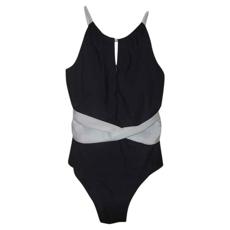 New Anthropologie High-Neck One-Piece Plunge Swimsuit B&W Small Ruched Waist