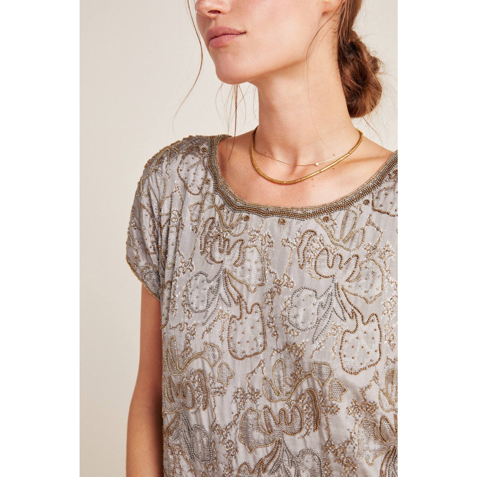 New Anthropologie x Love Sam Lorelei Hand Beaded Blouse $325 Small EARTH