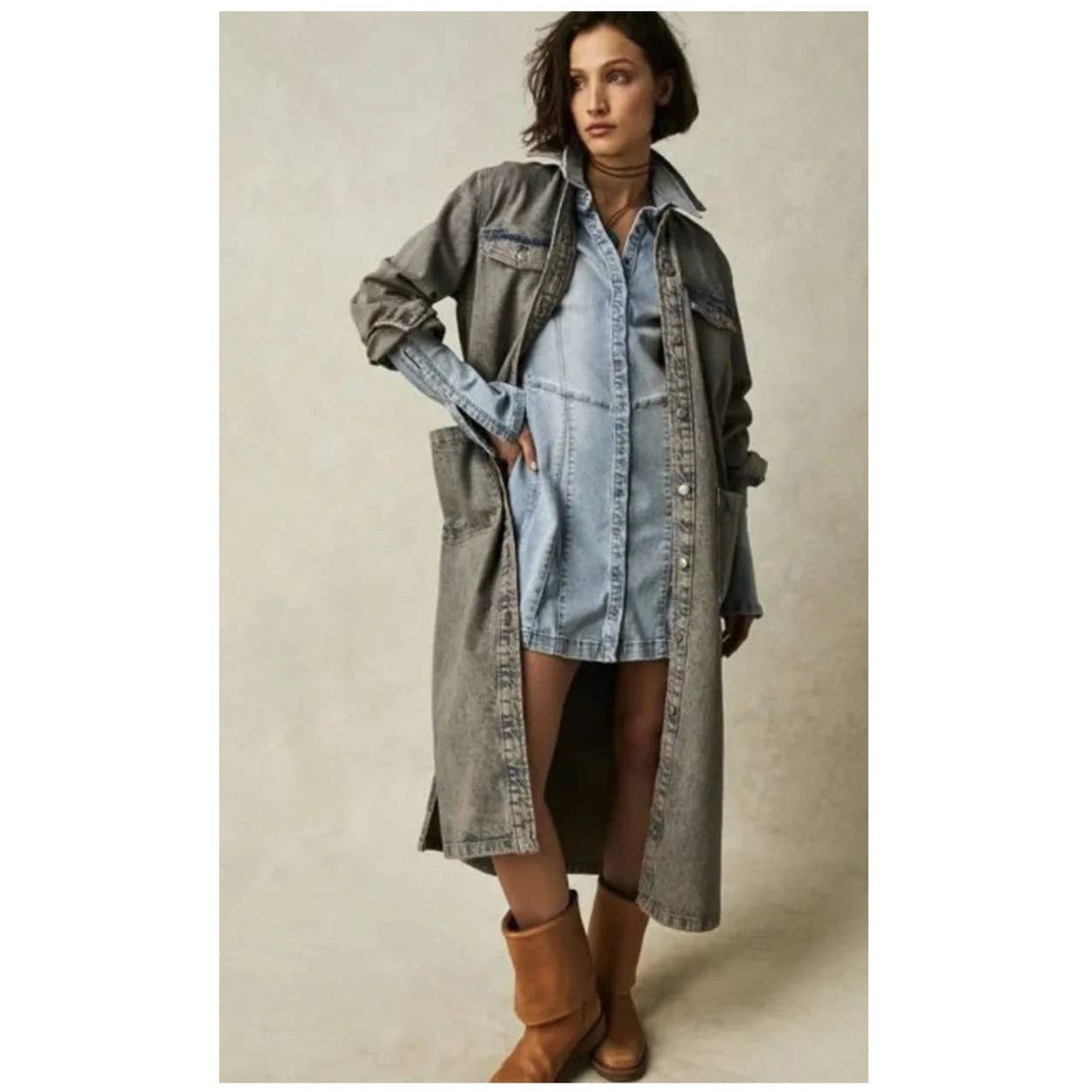 New Free People Anna Lou Denim Duster $168 X-SMALL Washed Out Blue