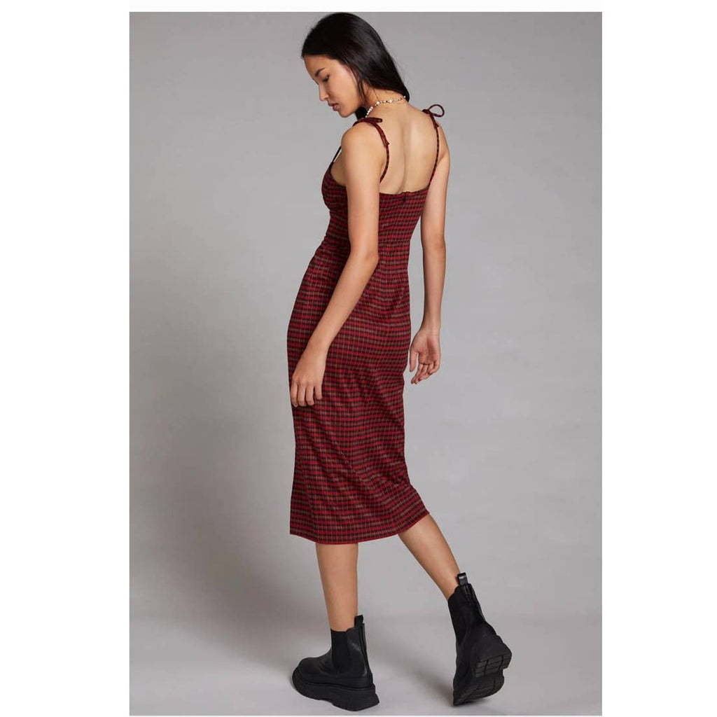 New Anthropologie by Hutch Plaid Midi Dress $198 MEDIUM Red Side Slit Zip Back