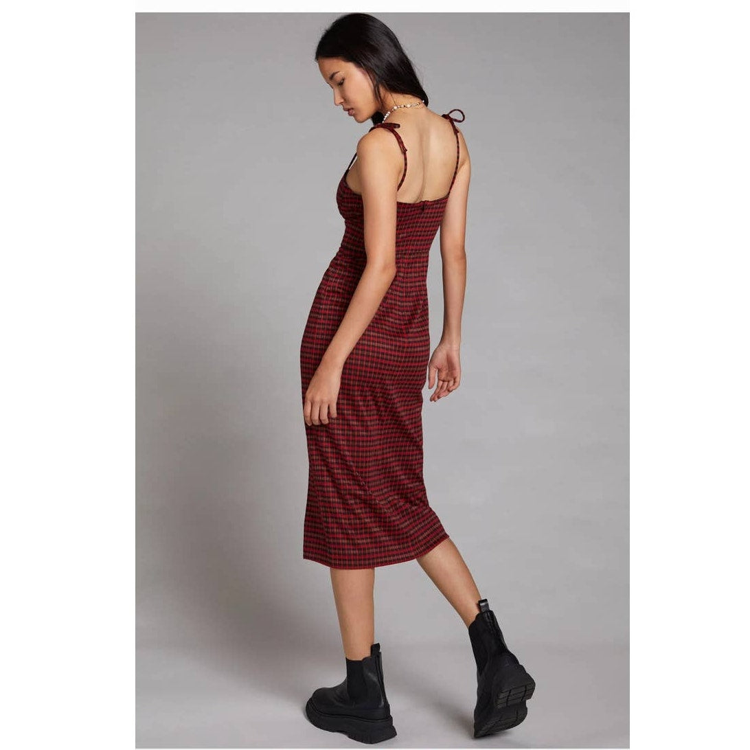 New Anthropologie by Hutch Plaid Midi Dress $198 MEDIUM Red Side Slit Zip Back