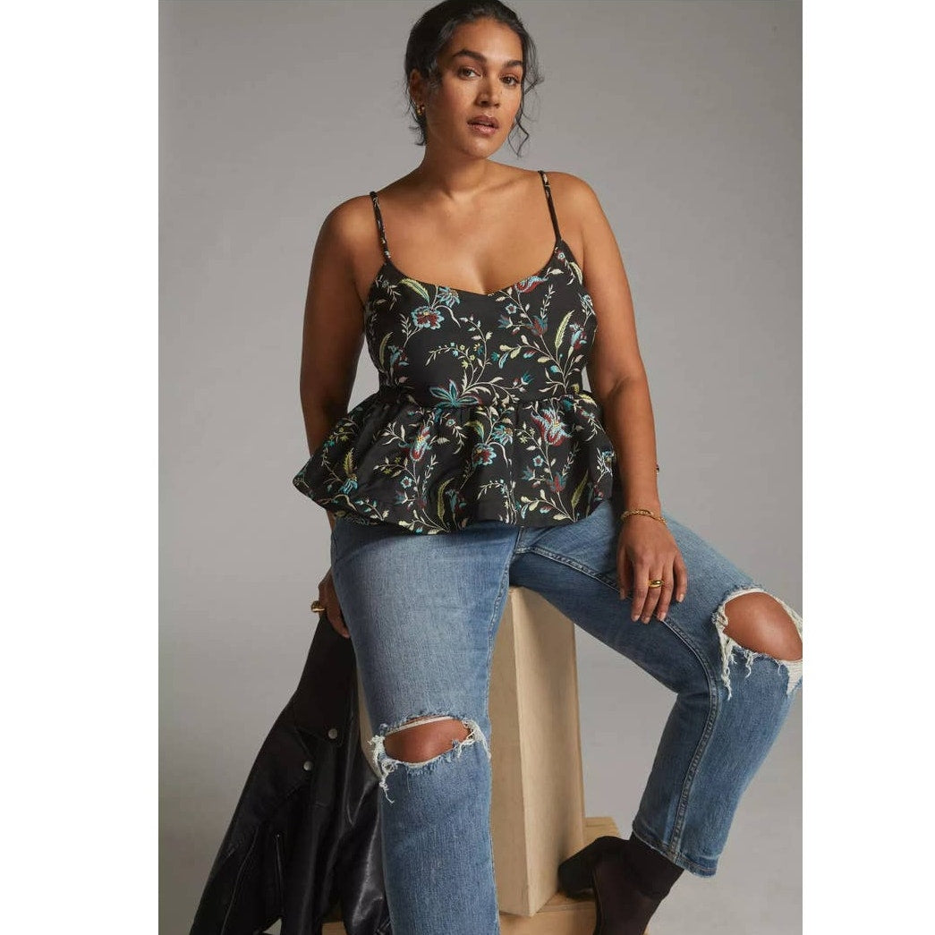 New Anthropologie x Maeve Jacquard Peplum Floral Tank Top $140 SMALL Black