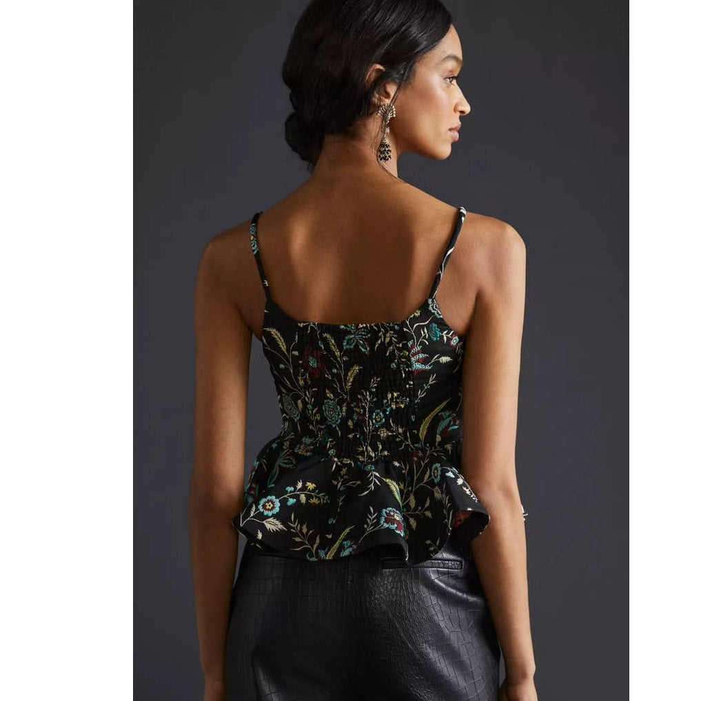 New Anthropologie x Maeve Jacquard Peplum Floral Tank Top $140 SMALL Black