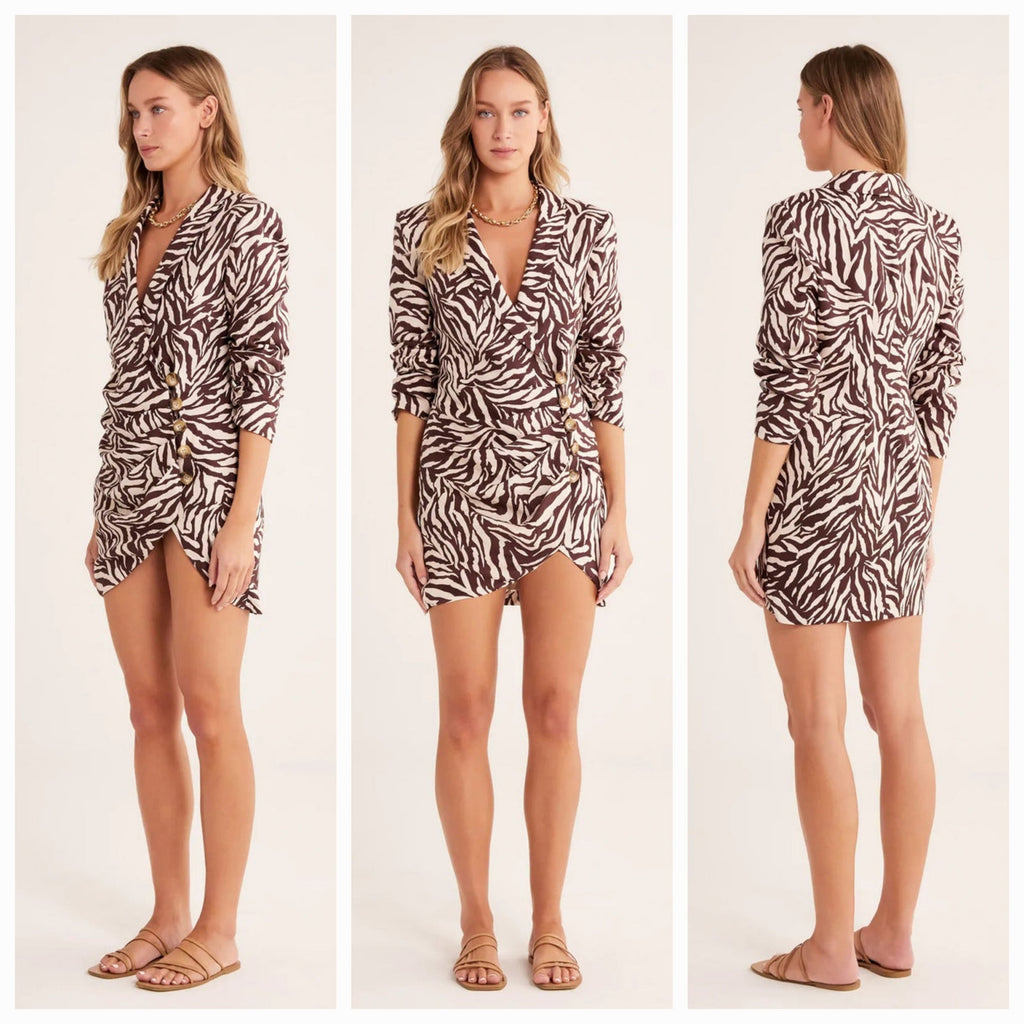 New Free People RUMER Cyrus Zebra Striped Blazer Mini Dress $379 X-SMALL Brown