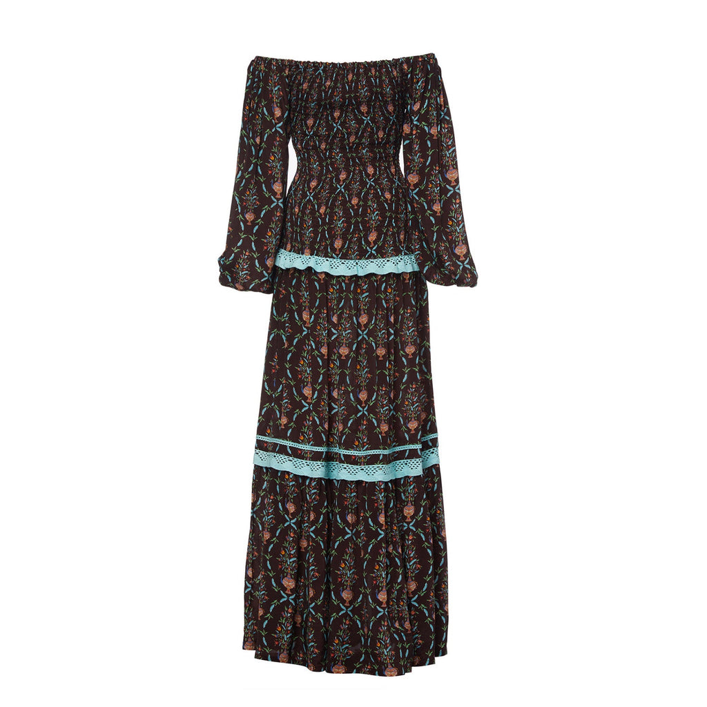 New Verandah Smocked Tiered Maxi Dress SQUARE-NECK  $595 SMALL (4) Brown Motif