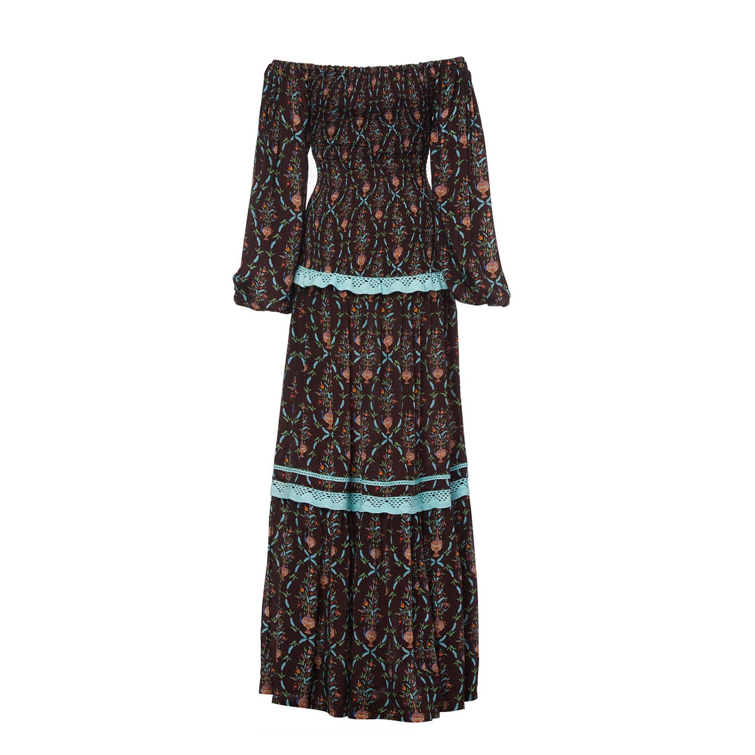 New Verandah Smocked Tiered Maxi Dress SQUARE-NECK  $595 SMALL (4) Brown Motif