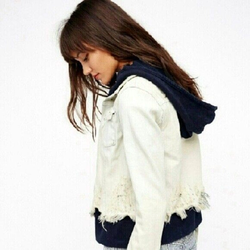 New Free People Double Weave Hooded Denim Jacket  $148 SMALL White Liberty Wash