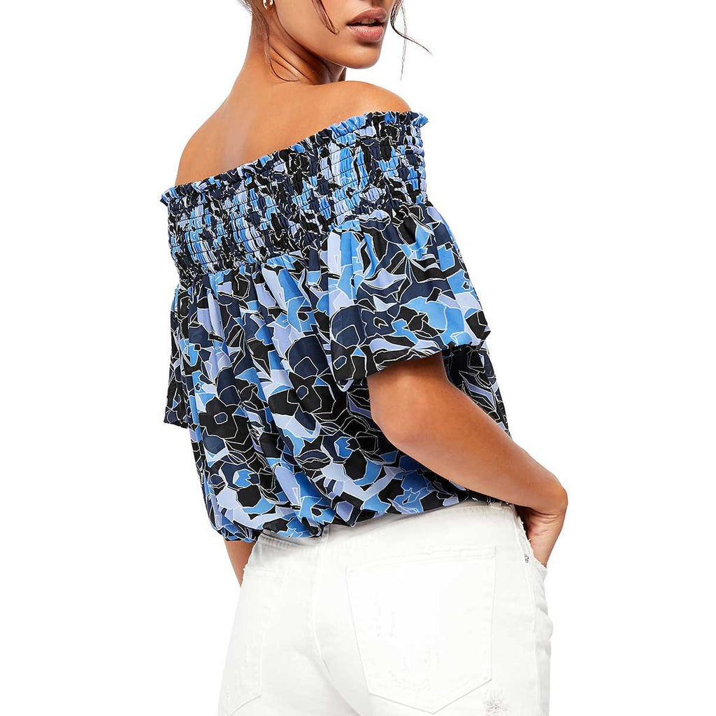 Free People Boho Abstract Bubble Top SMALL Blue Smocked Off The Shoulder Free People