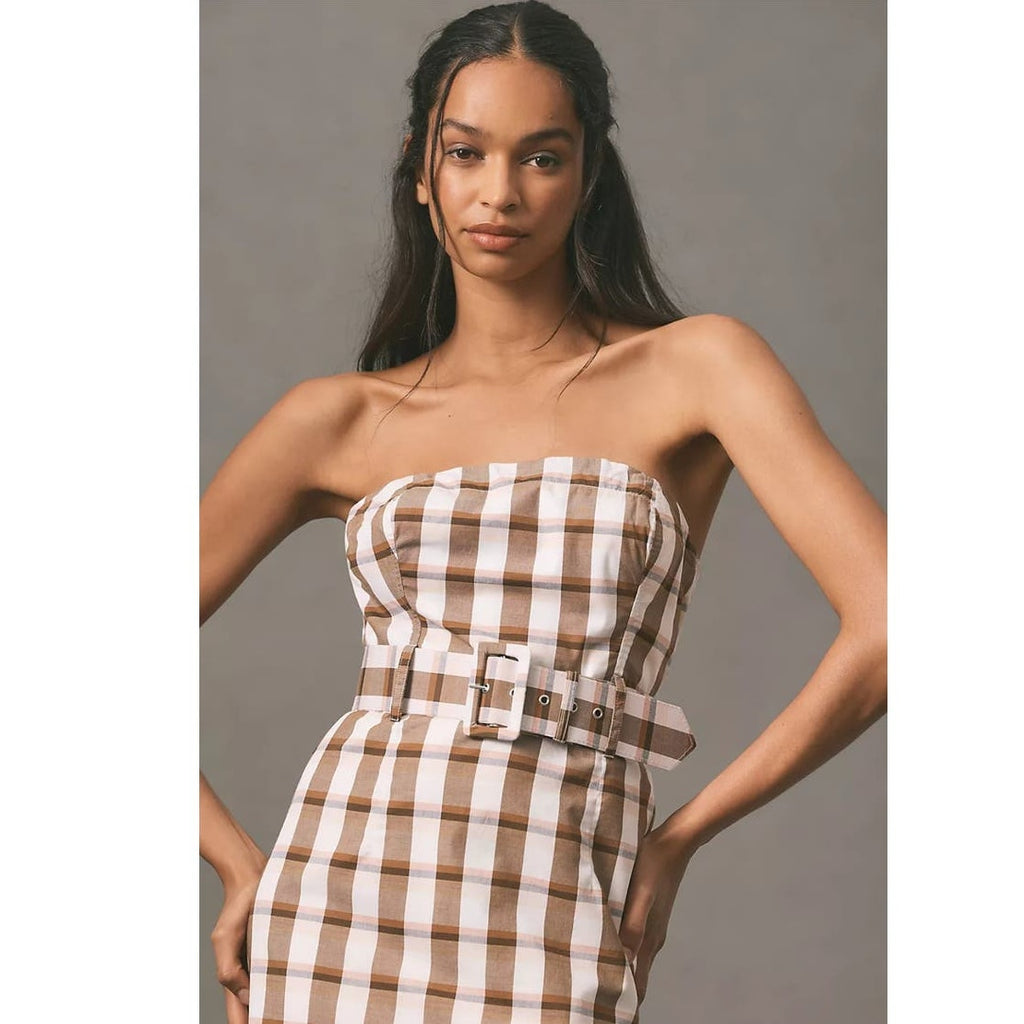 New Anthropologie Maeve Belted Square-Neck Plaid Midi Dress $170 LARGE Brown