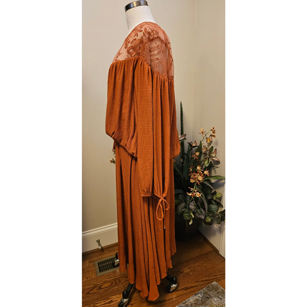 New Free People Clementine Maxi Dress XS/S Brown/Rust Long Sleeve Lace Chiffon