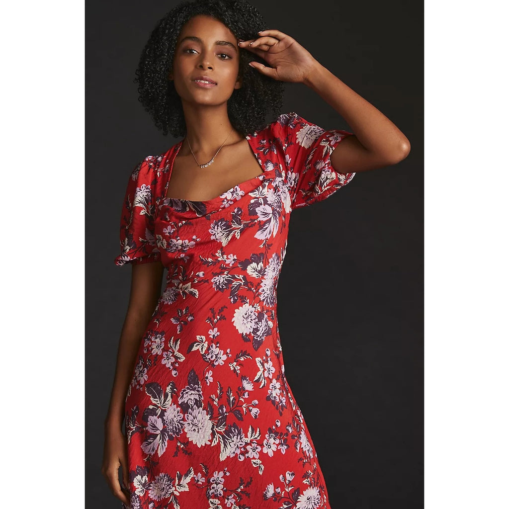 New Anthropologie Maeve Puff-Sleeve Floral Midi Dress $160 SIZE 6 Red