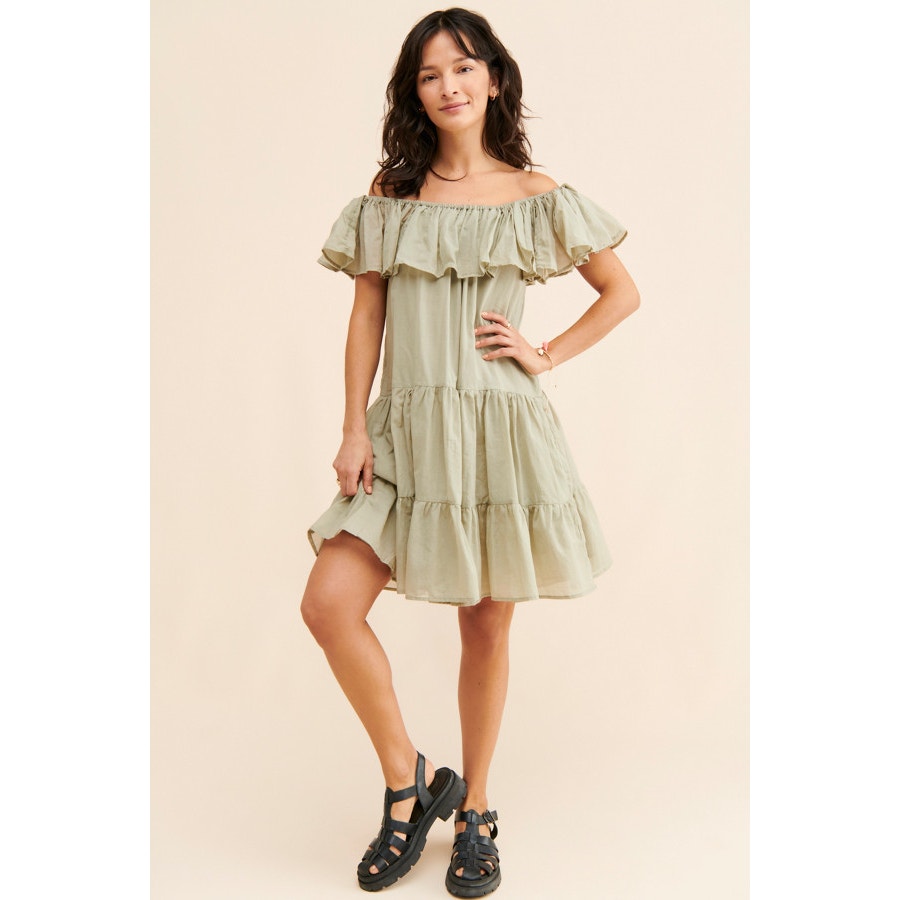 New Anthropologie Erika Pena Off-The-Shoulder Tiered Mini Dress $210 XS/S Moss