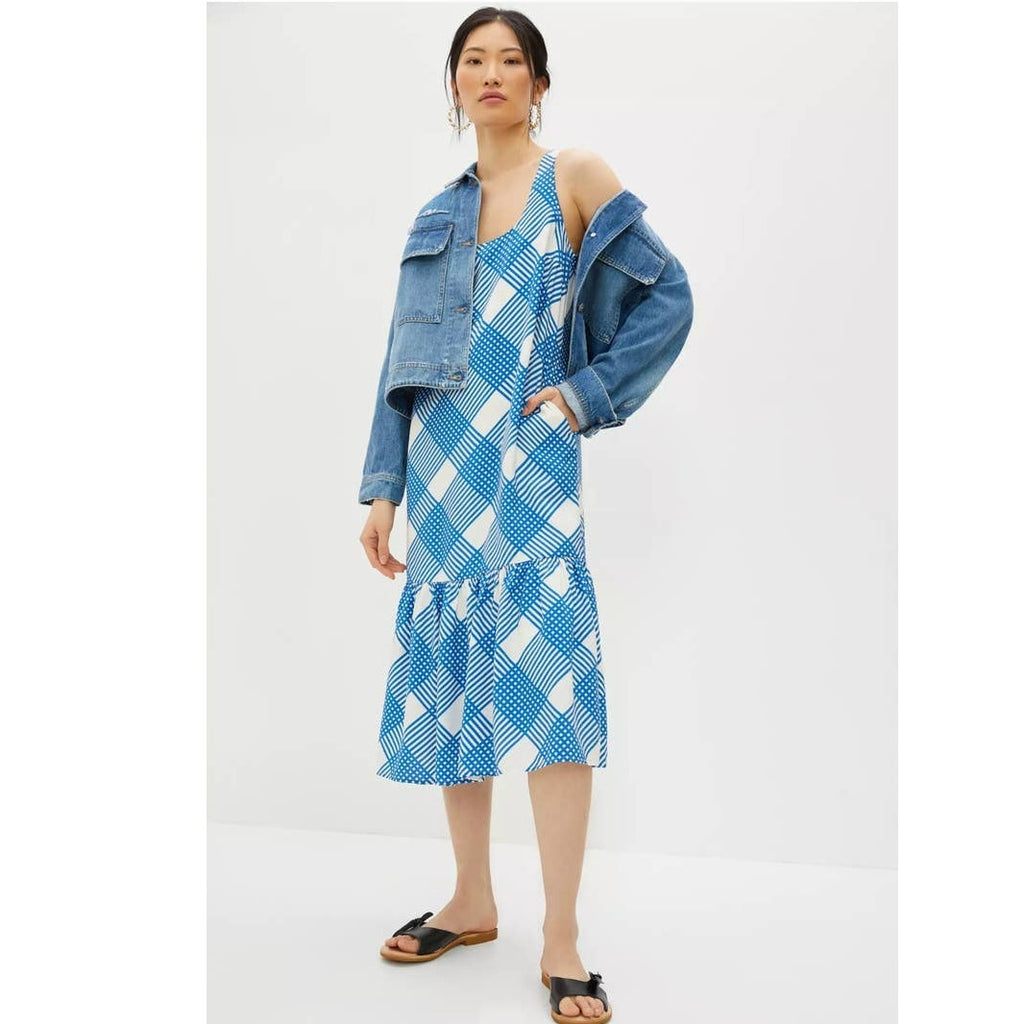 New Anthropologie Michaela Flounced Midi Dress $148 X-SMALL Blue White
