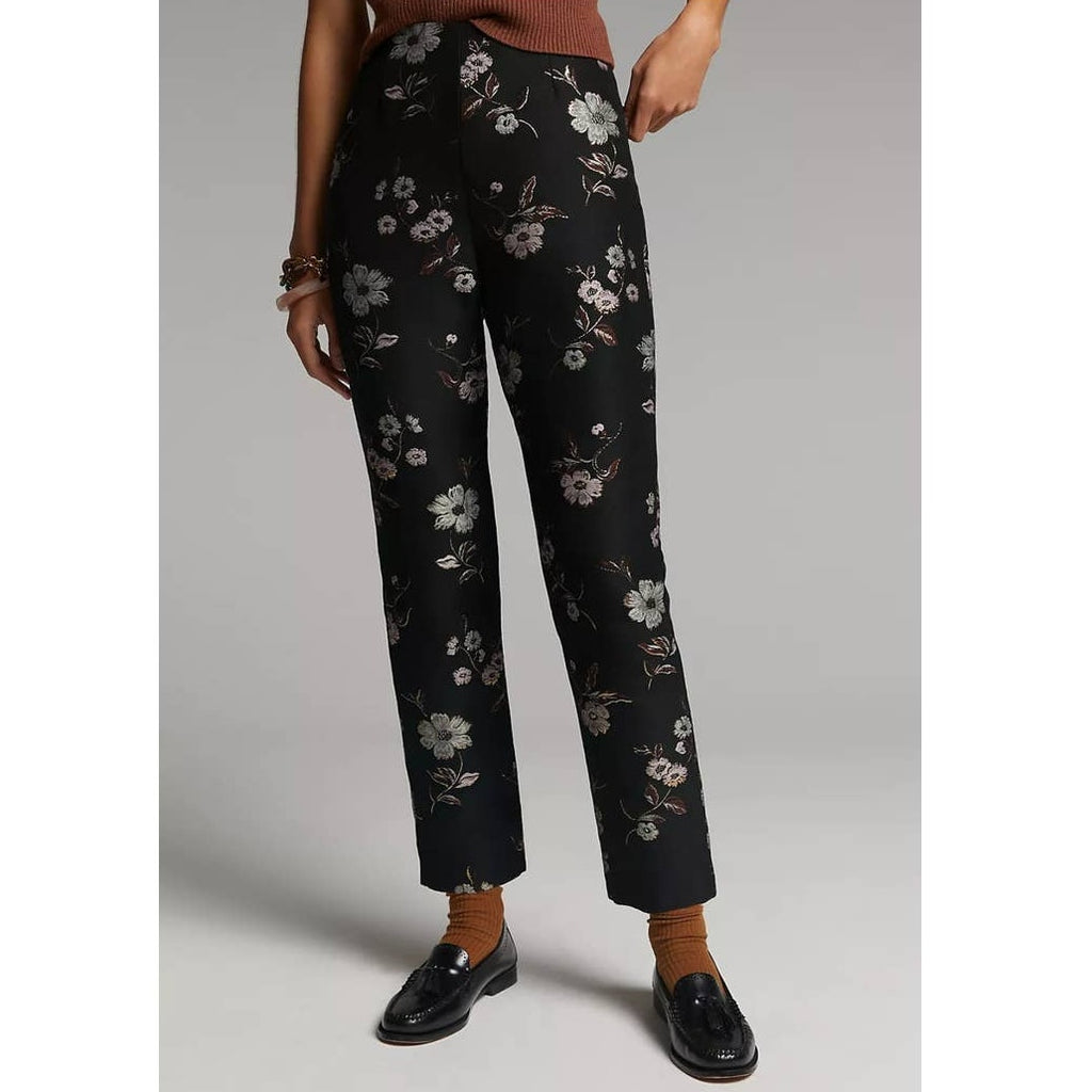 New Anthropologie ML Monique Lhuillier Jacquard Trousers $395 Sz 4 Black Floral