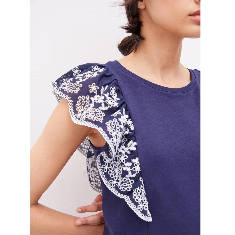 New Anthropologie by Maeve Ruffled Eyelet Top $90 MEDIUM Navy
