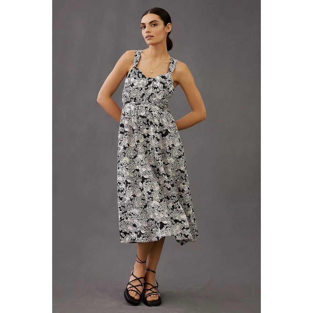 New By Anthropologie Floral Printed Midi Dress LINEN $170 X-SMALL Black