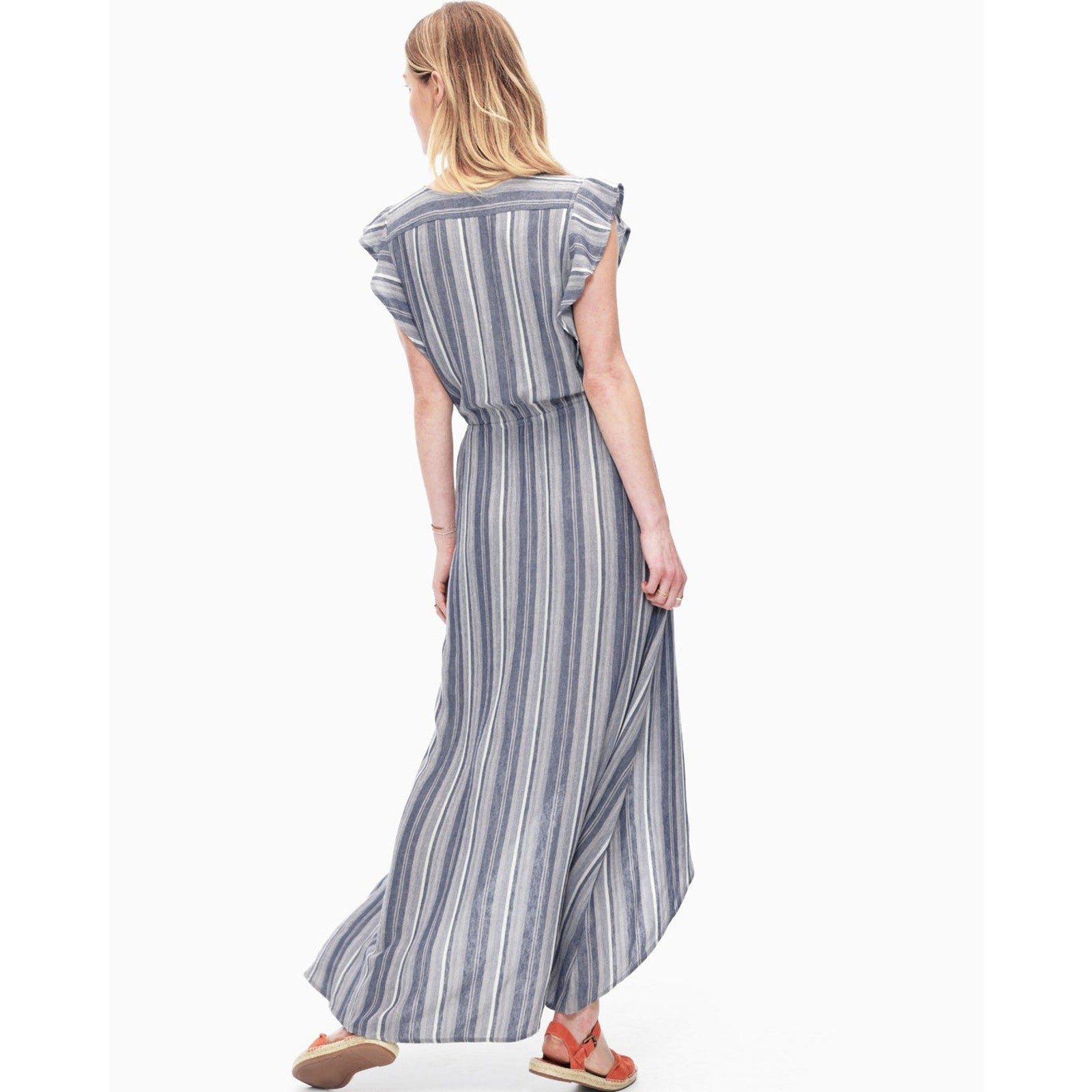 Striped chambray maxi dress back view with ruffled cap sleeves and flowing skirt