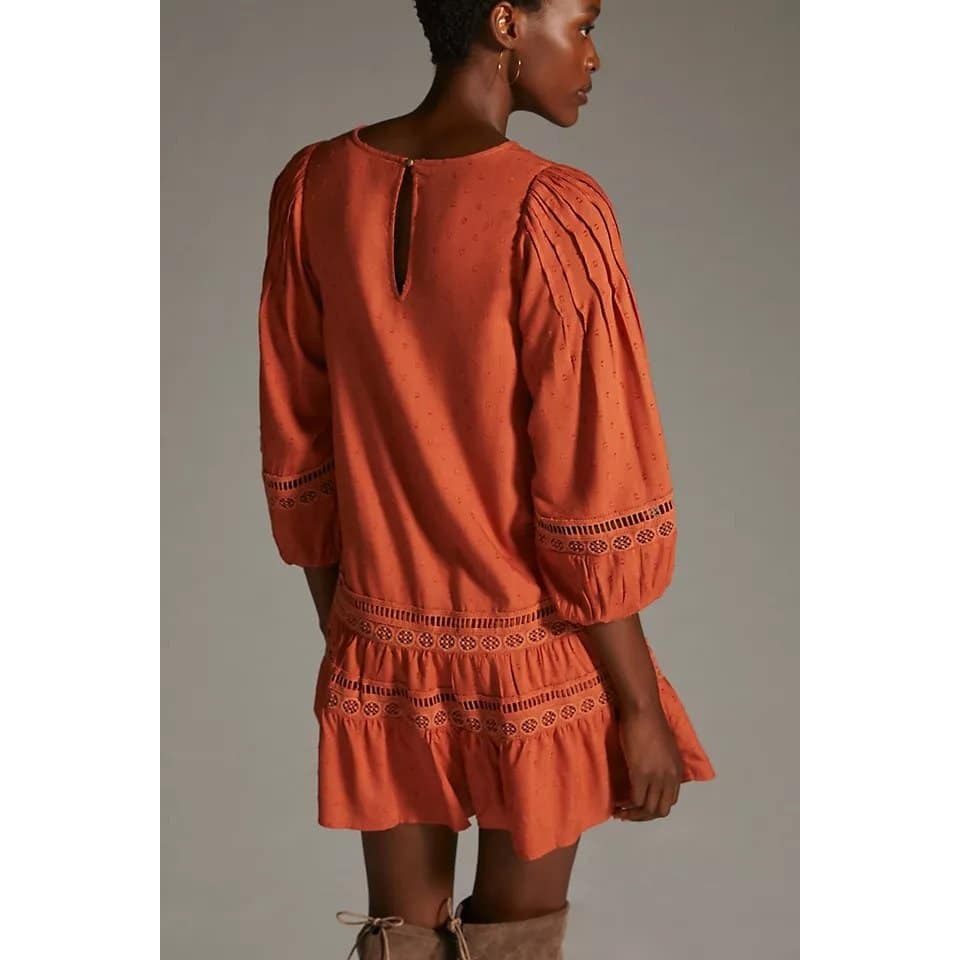 New ANTHROPOLOGIE Tiered Puff Long Sleeve Mini Dress $160 MEDIUM Terracotta