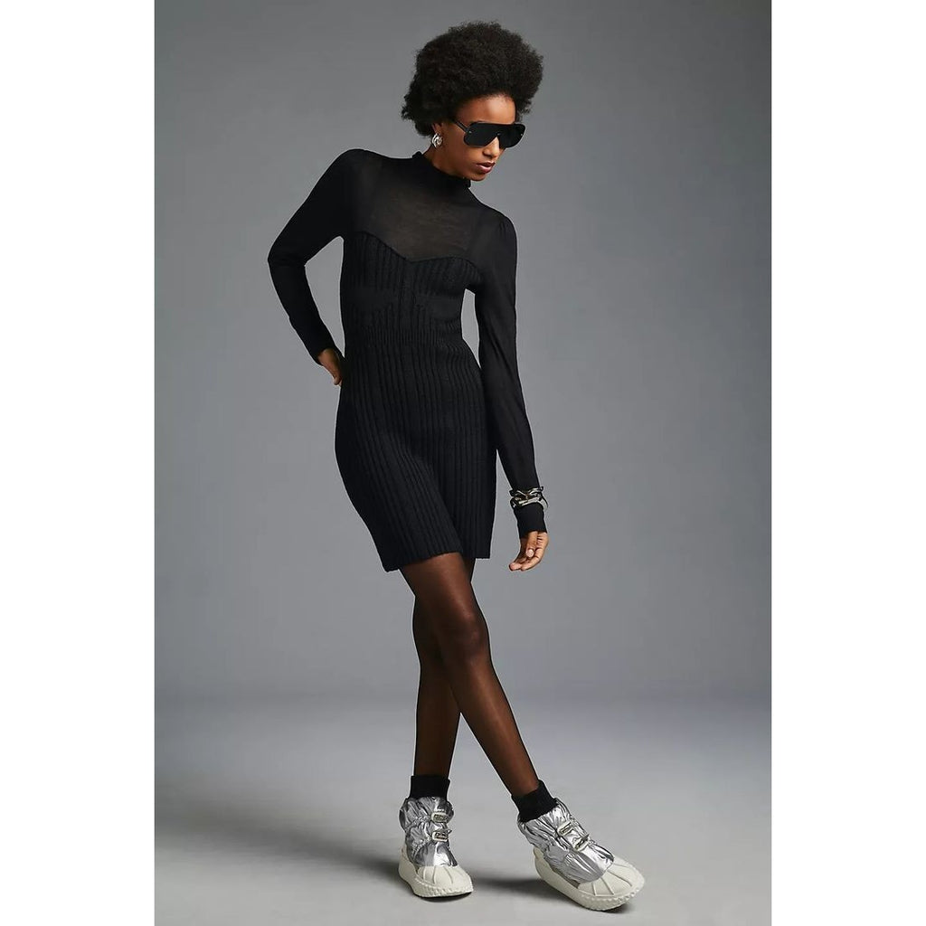 New By Anthropologie Turtleneck Sweater Dress $160 LARGE Black Mini Long Sleeve