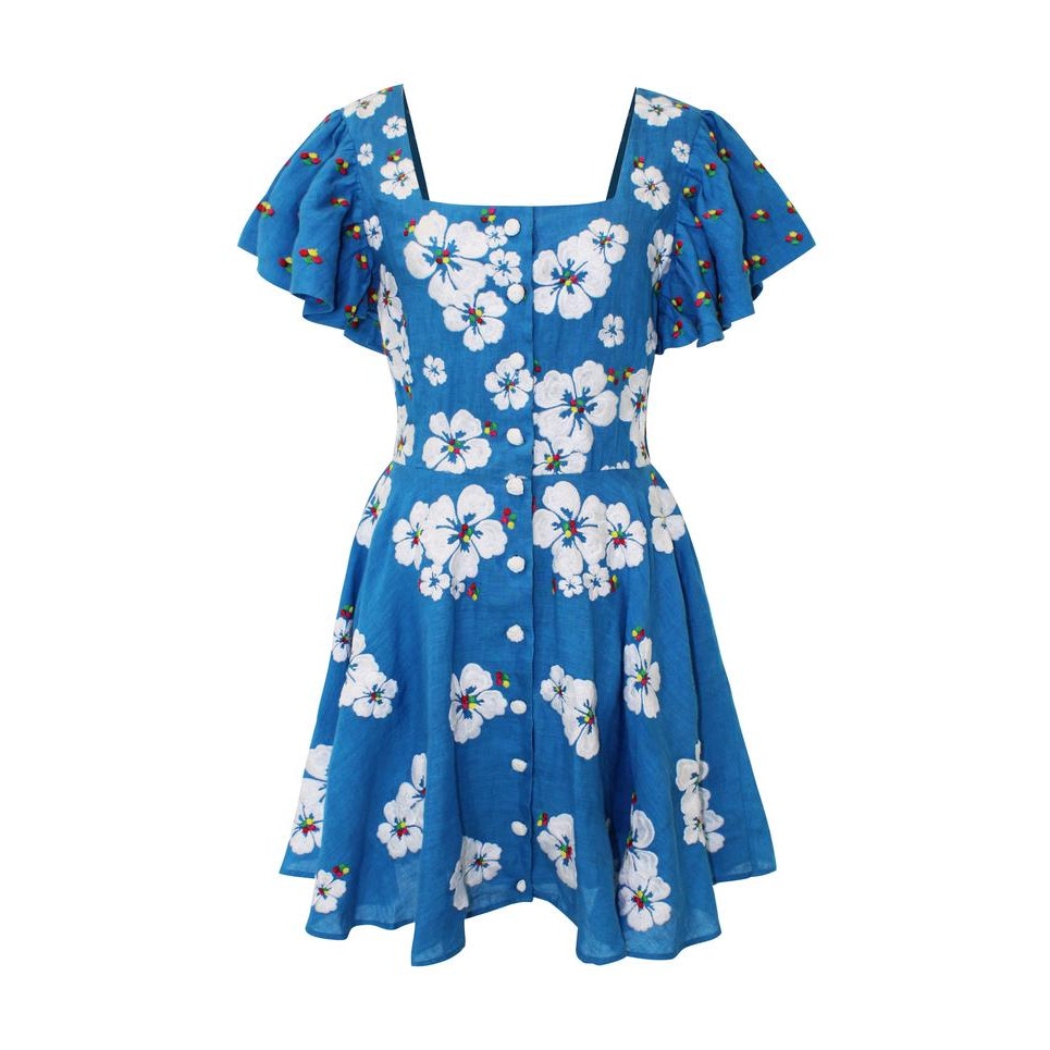 New ALL THINGS MOCHI Kay Mini Dress $465 MEDIUM Blue Floral