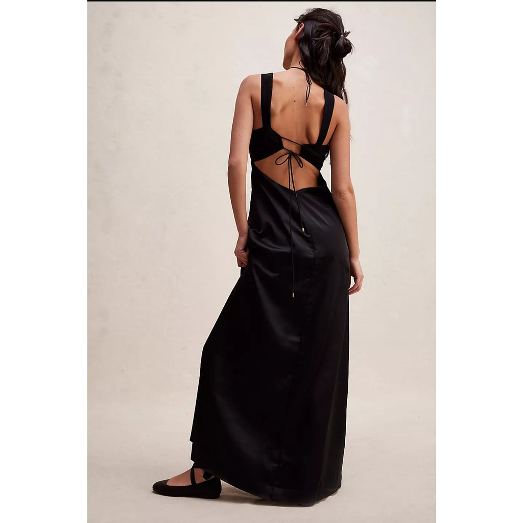 New Free People Gia Maxi Dress $250 Size 8 Black Bustier Silky Slip Gown