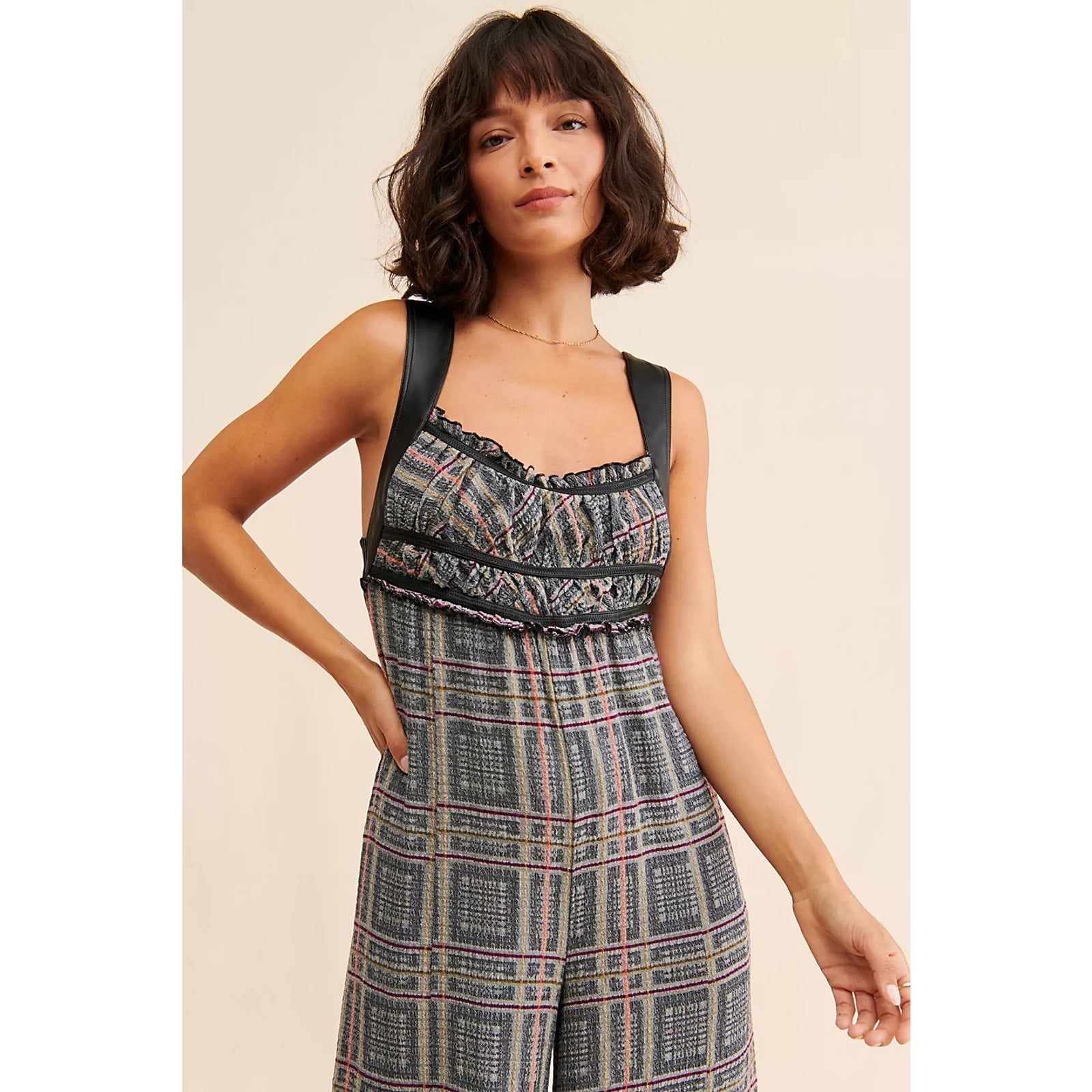 Free People Marley Plaid One-Piece Wide Leg Jumpsuit