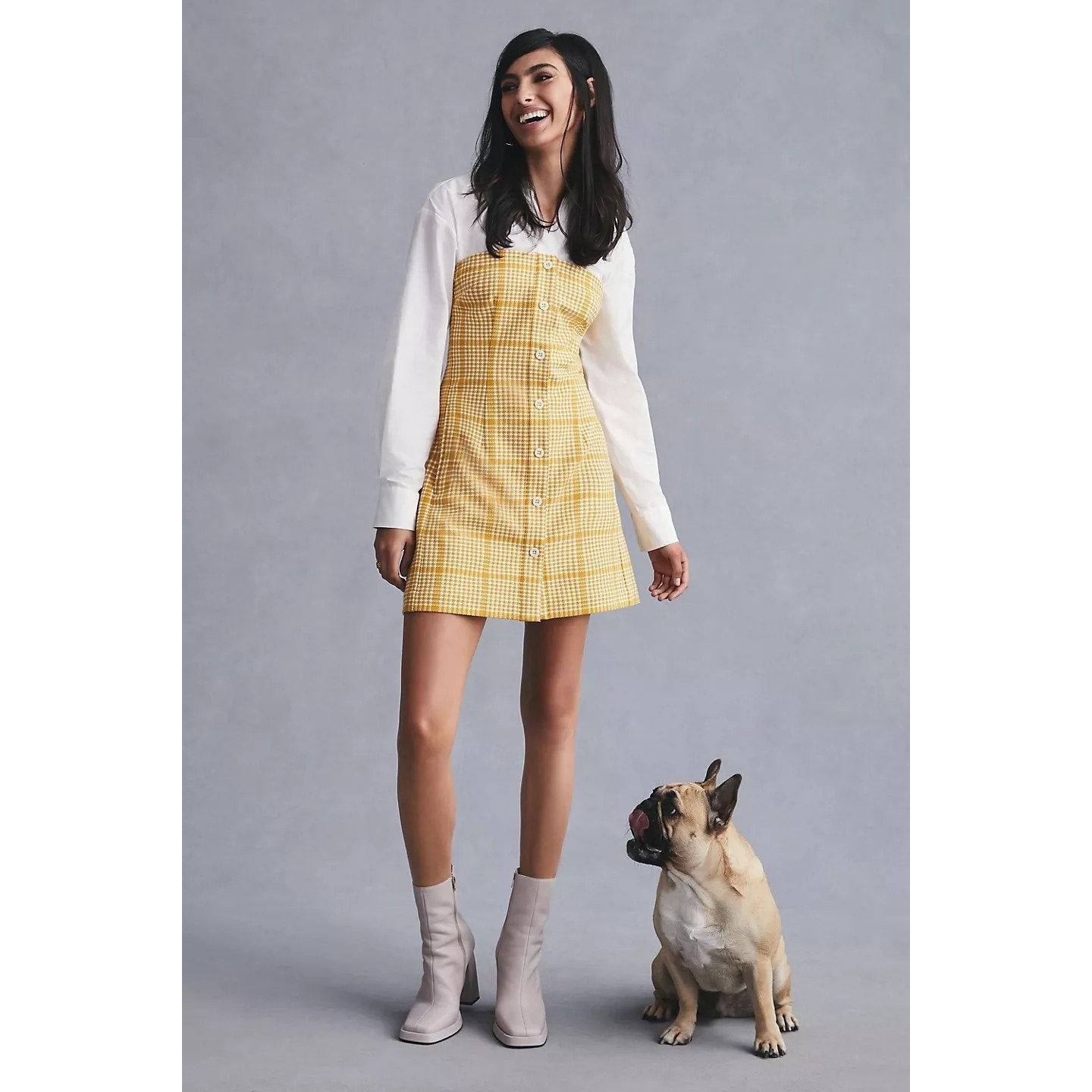 New Anthropologie Maeve Knit Twofer Mini Dress $170 Gold Plaid Size Plus 1X