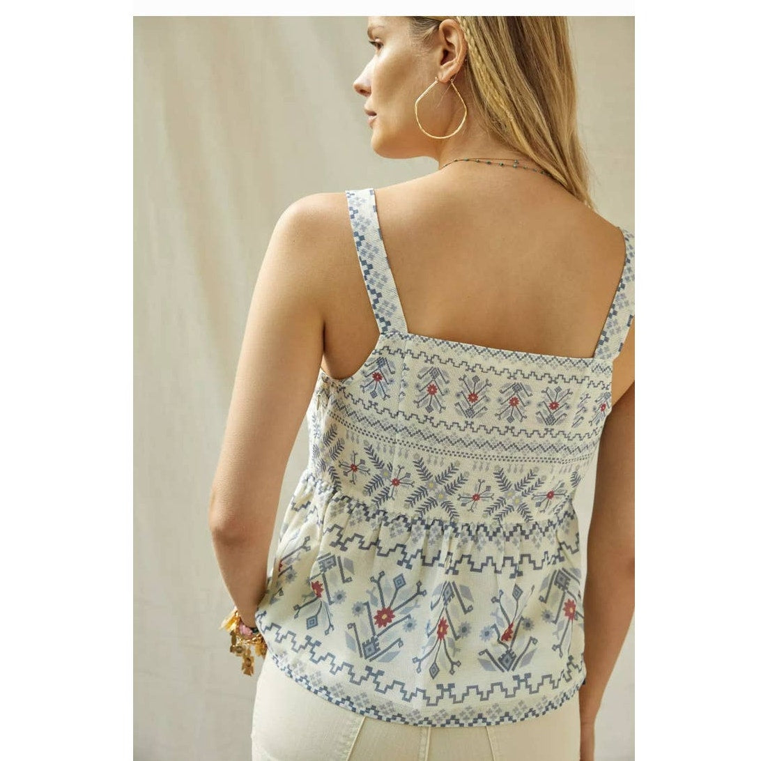 New Anthropologie Forever That Girl Lace-Up Peplum Tank  $110 SMALL Ivory & Blue